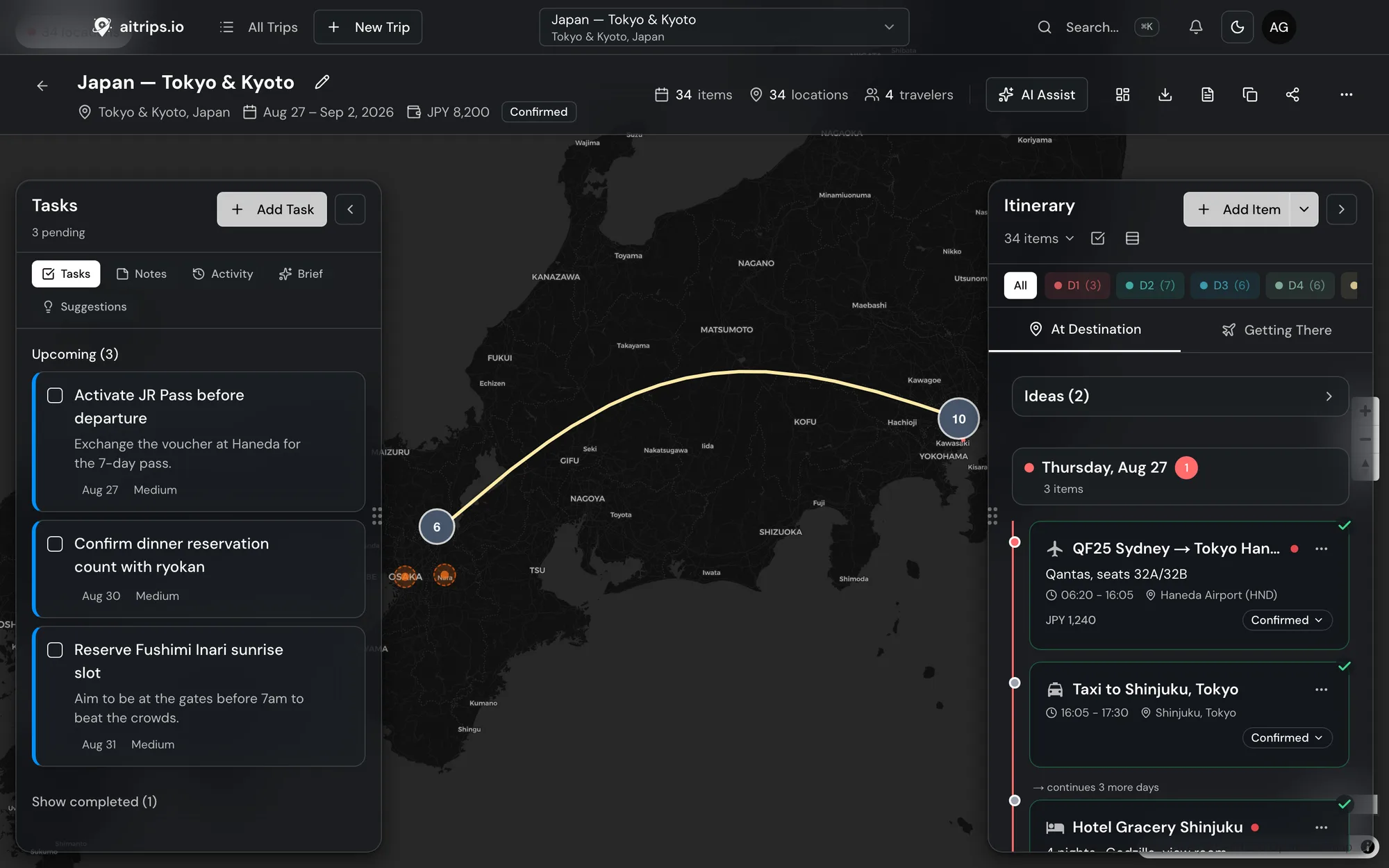 The aitrips.io planning view: a map of Japan with a routed Tokyo-to-Kyoto trip, a day-by-day itinerary panel, and a tasks panel.