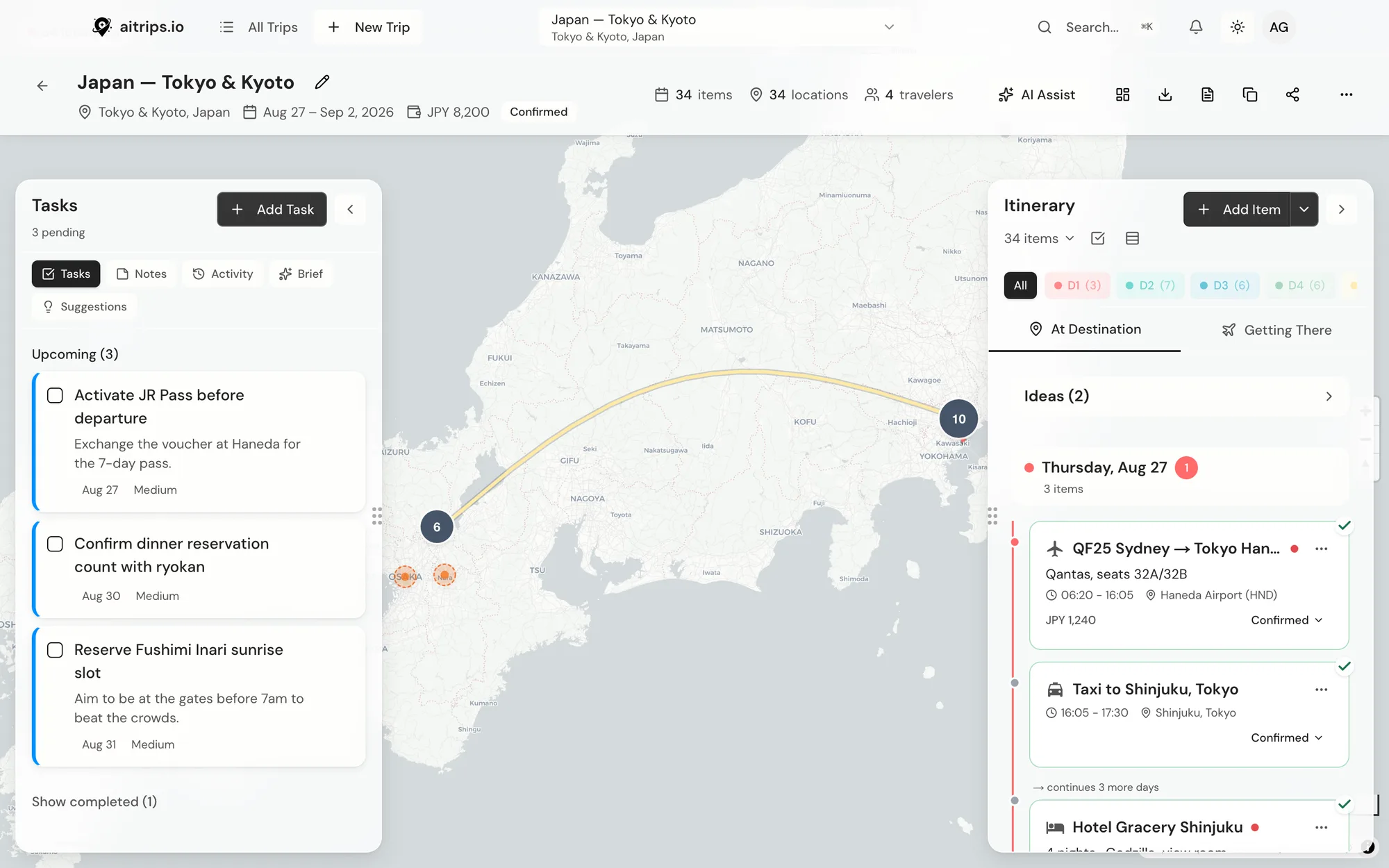 The aitrips.io planning view: a map of Japan with a routed Tokyo-to-Kyoto trip, a day-by-day itinerary panel, and a tasks panel.