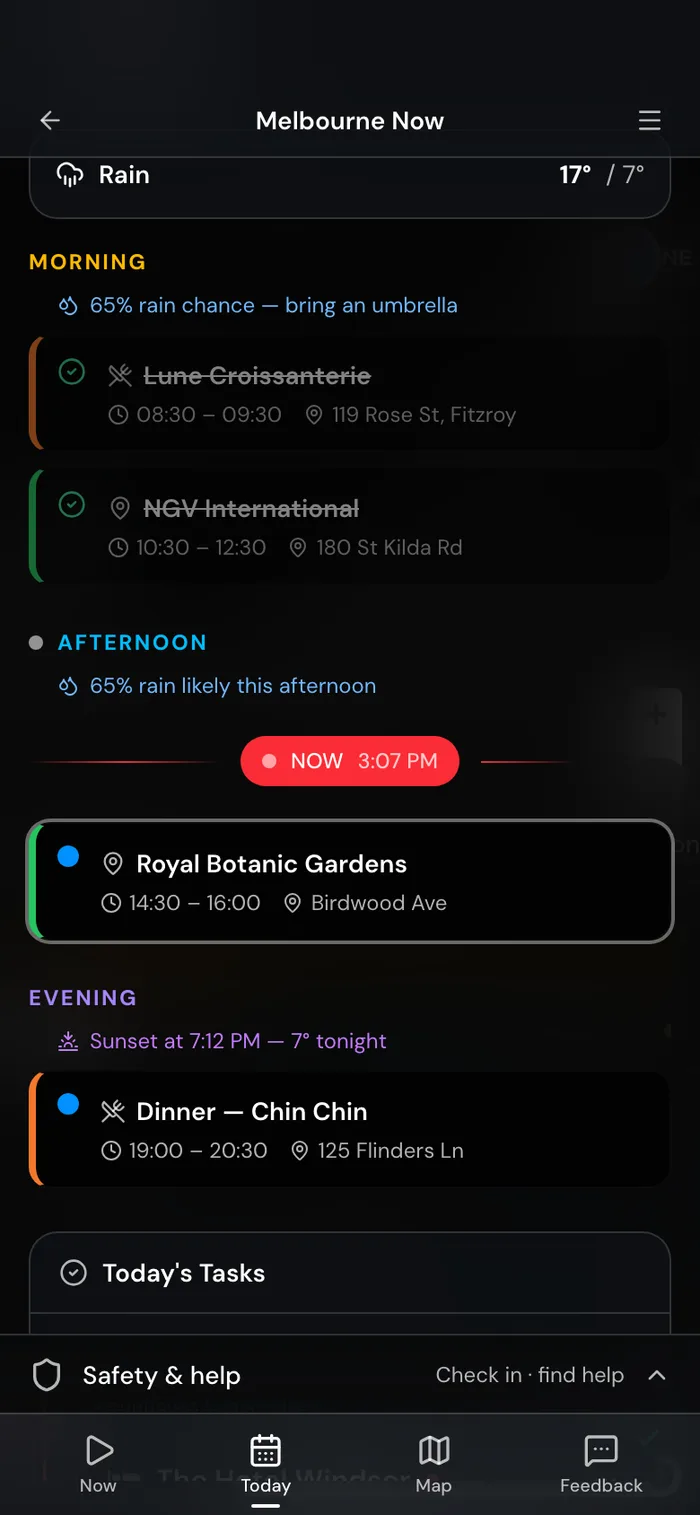Mobile travel mode showing today's timeline with a NOW marker, per-slot weather, and the next activity.