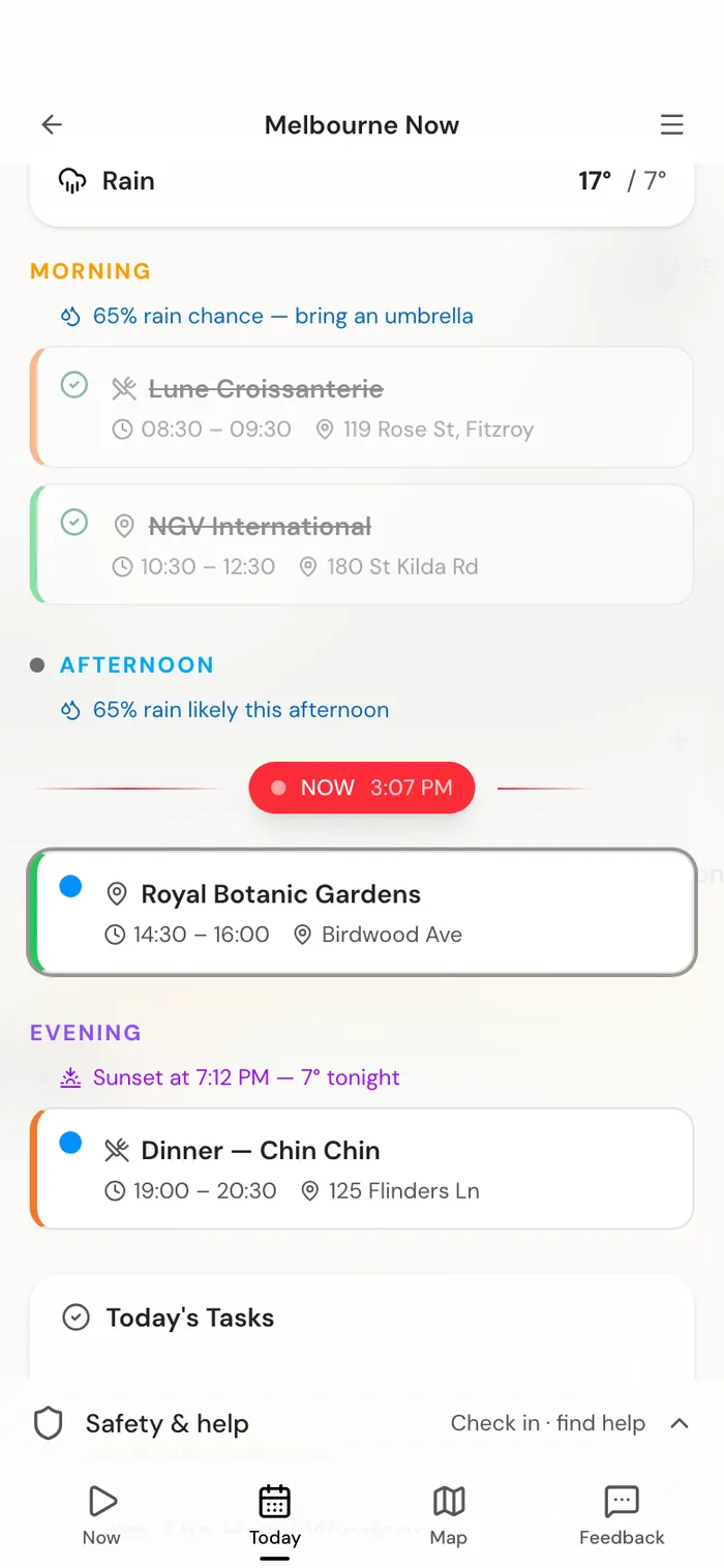 Mobile travel mode showing today's timeline with a NOW marker, per-slot weather, and the next activity.